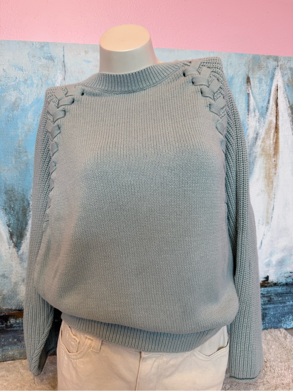 Simply Vera Vera Wang Sage Green Crewneck Sweater with Braid Detail